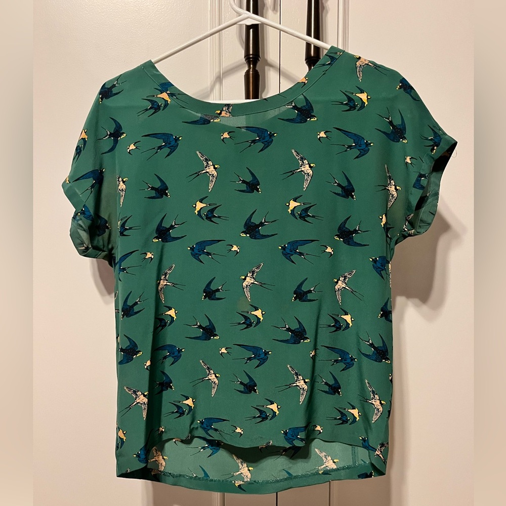 The Letter Green Swallow Print Silk Blouse